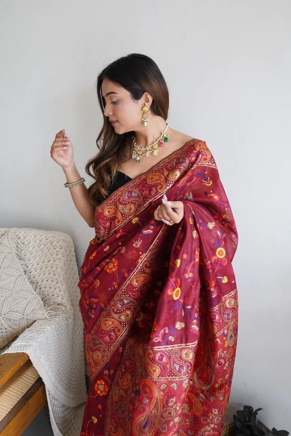 Pashmina Kachi Work Kashmiri Weave Banarasi Soft Silk Saree with Rich Pallu and Running Blouse  in Surat