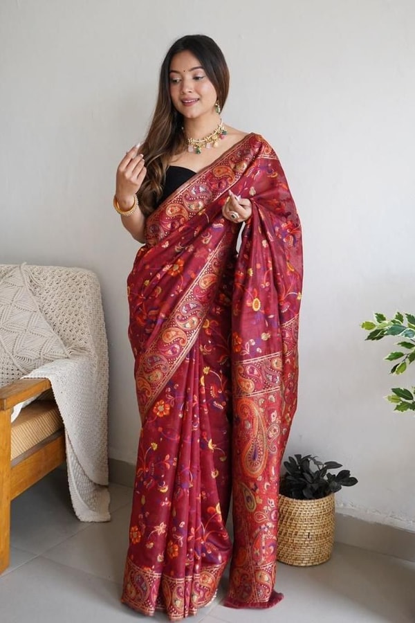 Pashmina Kachi Work Kashmiri Weave Banarasi Soft Silk Saree with Rich Pallu and Running Blouse  in Surat