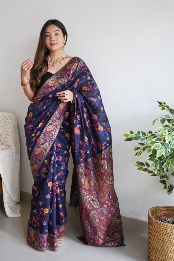 Pashmina Kachi Work Kashmiri Weave Banarasi Soft Silk Saree with Rich Pallu and Running Blouse  in Surat