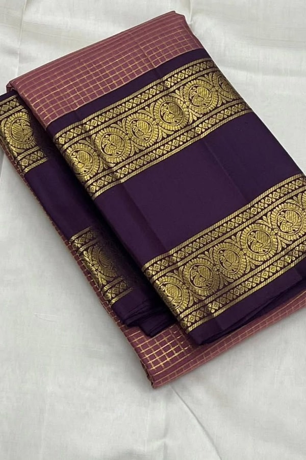 Pastel Checked Banarasi Soft Silk Saree with Contrast Dark Wine Zari Border in Five Shades  in Surat