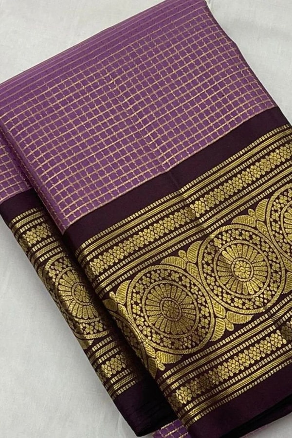 Pastel Checked Banarasi Soft Silk Saree with Contrast Dark Wine Zari Border in Five Shades  in Surat