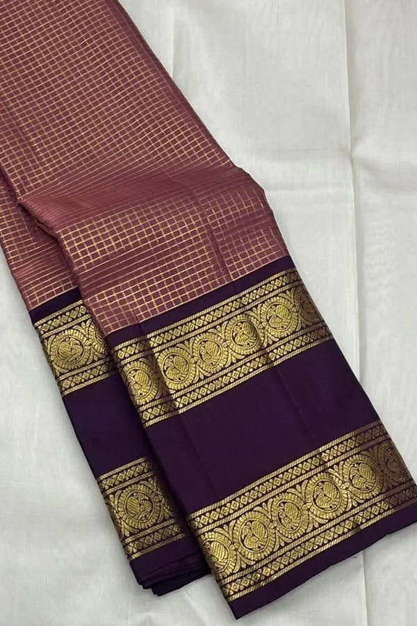 Pastel Checked Banarasi Soft Silk Saree with Contrast Dark Wine Zari Border in Five Shades  in Surat