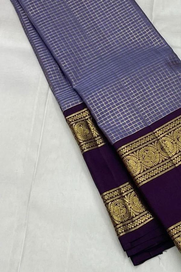 Pastel Checked Banarasi Soft Silk Saree with Contrast Dark Wine Zari Border in Five Shades  in Surat