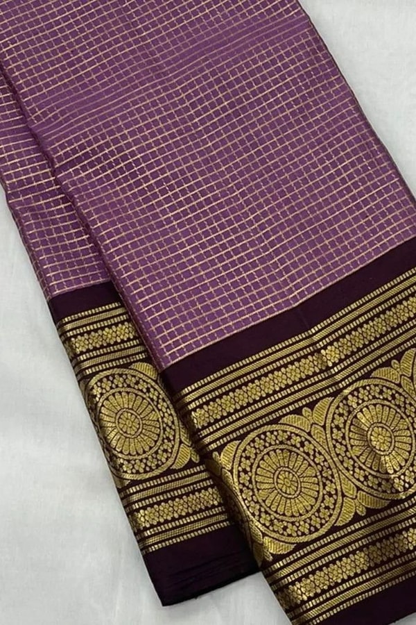Pastel Checked Banarasi Soft Silk Saree with Contrast Dark Wine Zari Border in Five Shades  in Surat