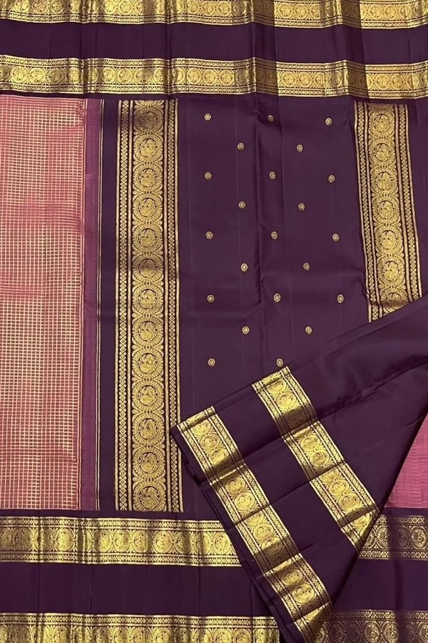 Pastel Checked Banarasi Soft Silk Saree with Contrast Dark Wine Zari Border in Five Shades  in Surat