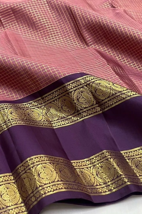 Pastel Checked Banarasi Soft Silk Saree with Contrast Dark Wine Zari Border in Five Shades  in Surat