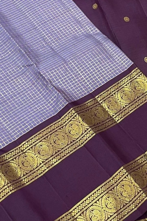 Pastel Checked Banarasi Soft Silk Saree with Contrast Dark Wine Zari Border in Five Shades  in Surat