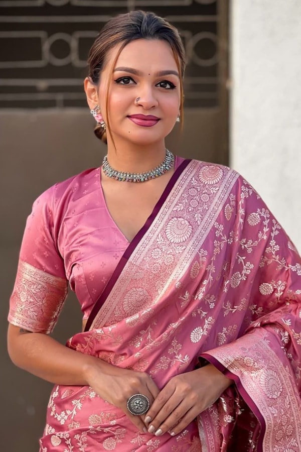 Pastel Floral Zari Jaal Banarasi Soft Silk Saree in Olive, Pink, Lavender and Sky Blue  in Surat