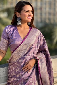 Pastel Floral Zari Jaal Banarasi Soft Silk Saree in Olive, Pink, Lavender and Sky Blue  in Surat