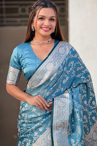 Pastel Floral Zari Jaal Banarasi Soft Silk Saree in Olive, Pink, Lavender and Sky Blue  in Surat