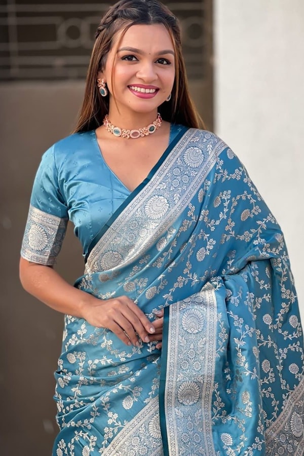 Pastel Floral Zari Jaal Banarasi Soft Silk Saree in Olive, Pink, Lavender and Sky Blue  in Surat