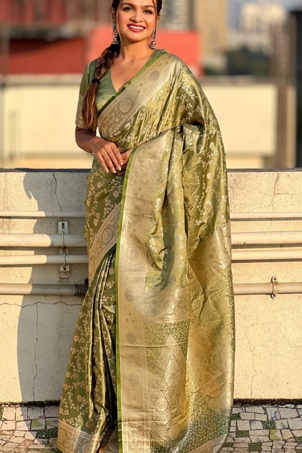 Pastel Floral Zari Jaal Banarasi Soft Silk Saree in Olive, Pink, Lavender and Sky Blue  in Surat
