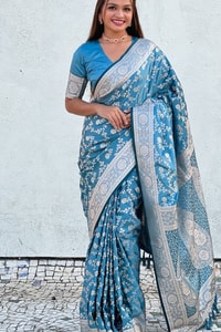 Pastel Floral Zari Jaal Banarasi Soft Silk Saree in Olive, Pink, Lavender and Sky Blue  in Surat