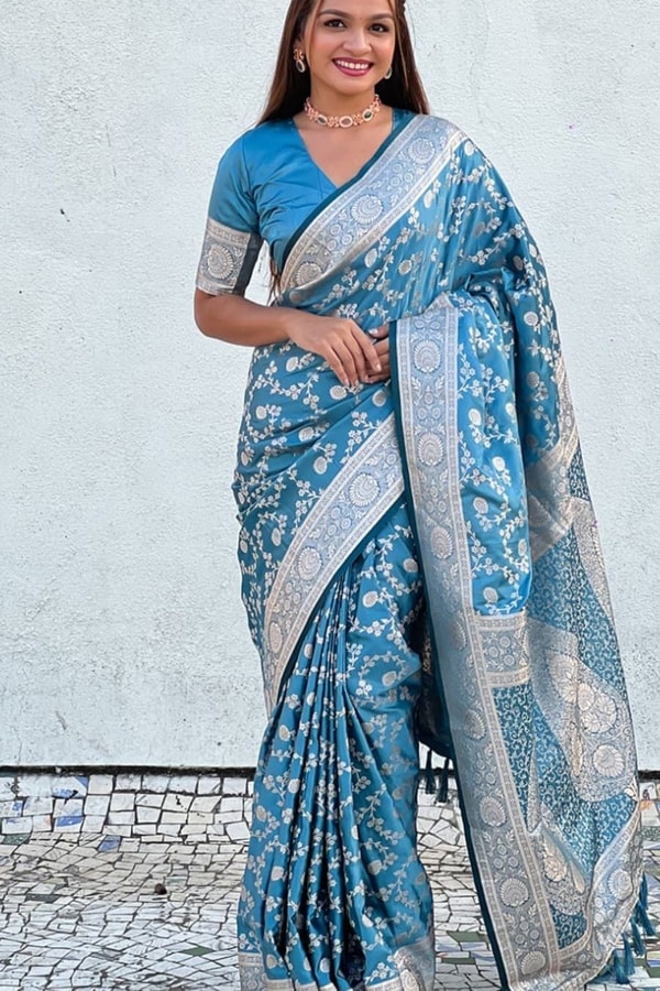 Pastel Floral Zari Jaal Banarasi Soft Silk Saree in Olive, Pink, Lavender and Sky Blue  in Surat