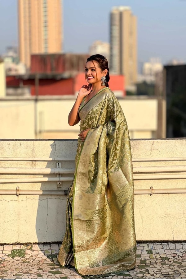 Pastel Floral Zari Jaal Banarasi Soft Silk Saree in Olive, Pink, Lavender and Sky Blue  in Surat