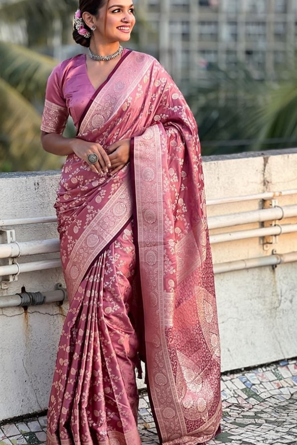 Pastel Floral Zari Jaal Banarasi Soft Silk Saree in Olive, Pink, Lavender and Sky Blue  in Surat