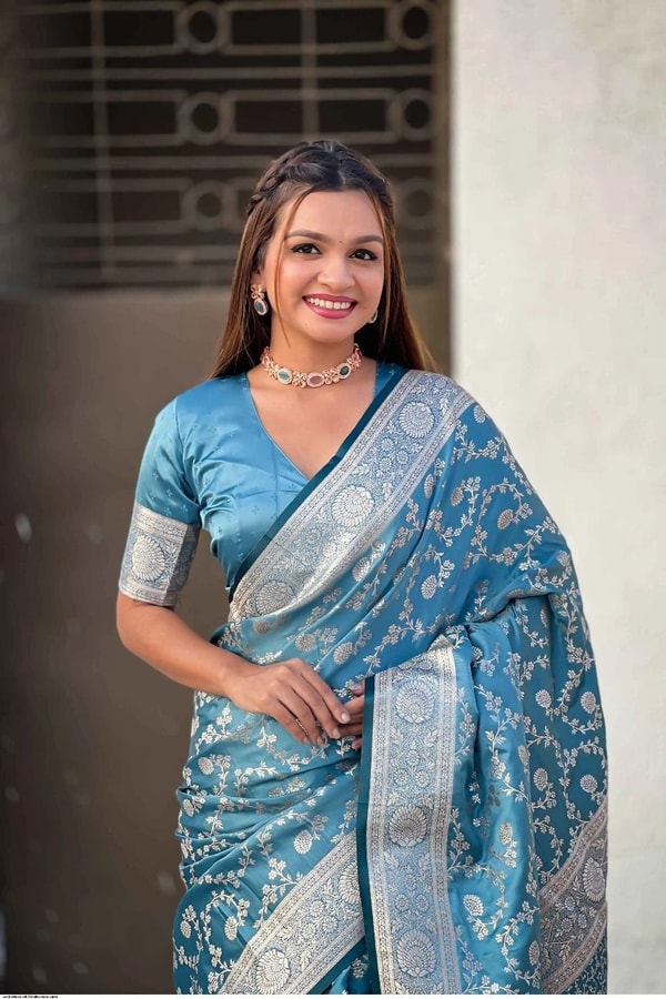 Pastel Floral Zari Jaal Banarasi Soft Silk Saree in Olive, Pink, Lavender and Sky Blue  in Surat