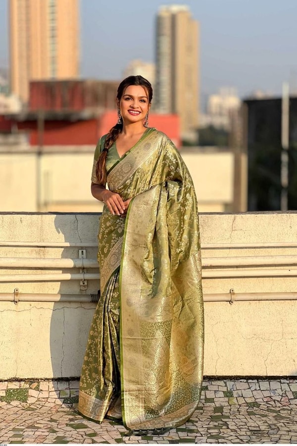 Pastel Floral Zari Jaal Banarasi Soft Silk Saree in Olive, Pink, Lavender and Sky Blue  in Surat
