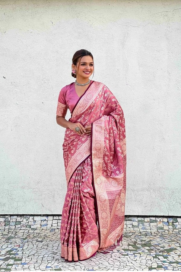 Pastel Floral Zari Jaal Banarasi Soft Silk Saree in Olive, Pink, Lavender and Sky Blue  in Surat