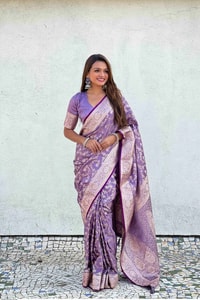 Pastel Floral Zari Jaal Banarasi Soft Silk Saree in Olive, Pink, Lavender and Sky Blue  in Surat