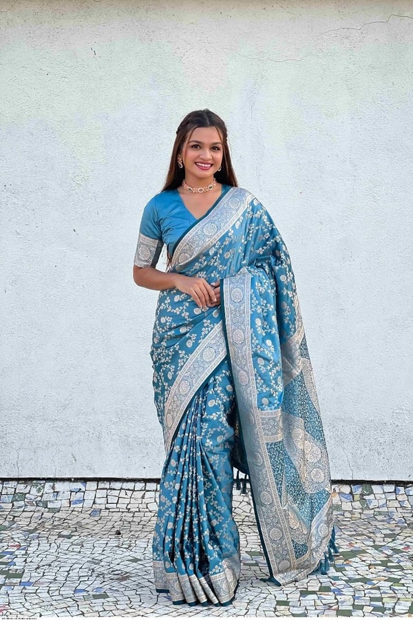 Pastel Floral Zari Jaal Banarasi Soft Silk Saree in Olive, Pink, Lavender and Sky Blue  in Surat