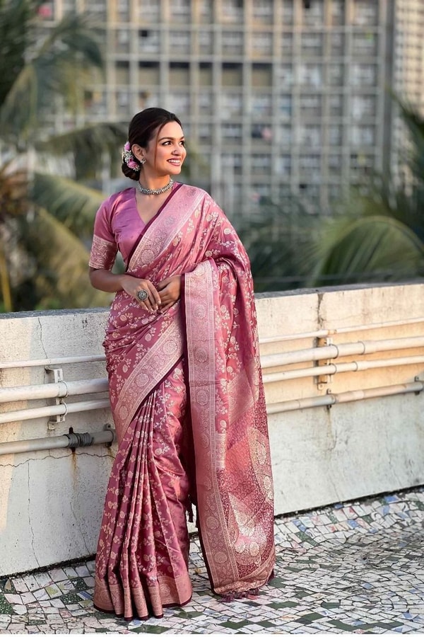 Pastel Floral Zari Jaal Banarasi Soft Silk Saree in Olive, Pink, Lavender and Sky Blue  in Surat