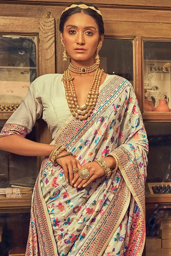 Pastel Kashmiri Weaving Banarasi Soft Silk Saree with Pure Zari Work  in Surat