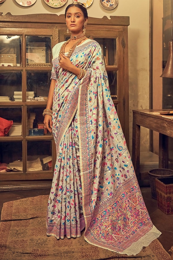 Pastel Kashmiri Weaving Banarasi Soft Silk Saree with Pure Zari Work  in Surat