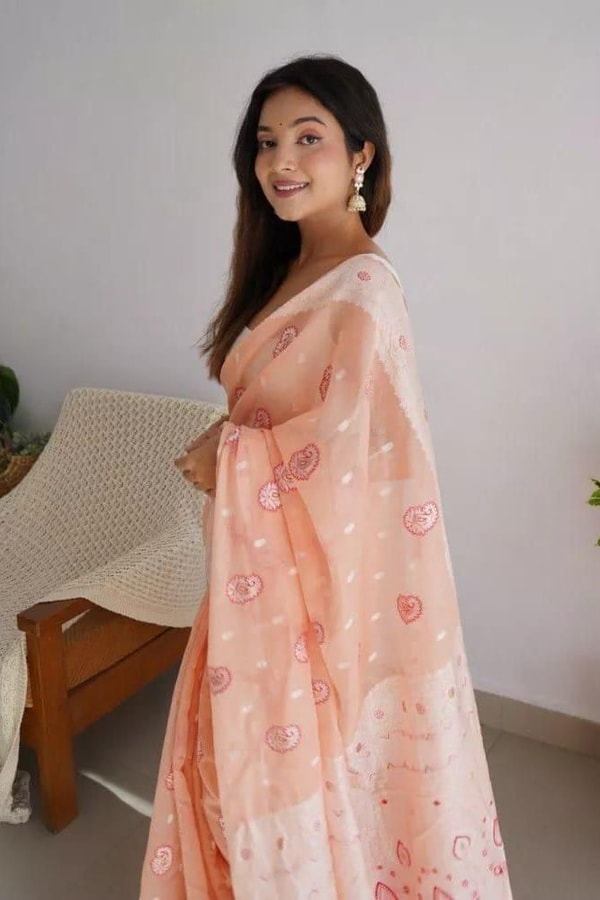 Pastel Soft Cotton Saree with Full Body Floral Weaving and White Jacquard Border  in Surat