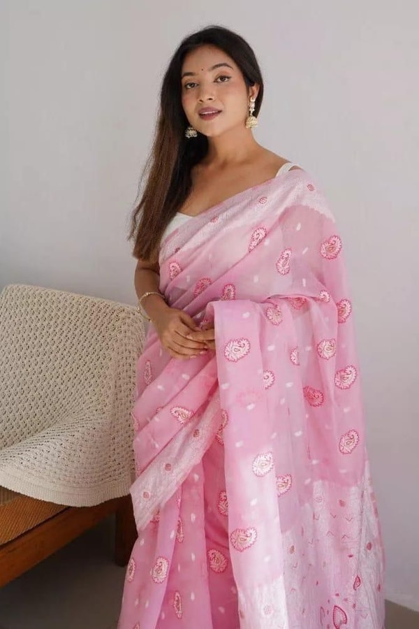 Pastel Soft Cotton Saree with Full Body Floral Weaving and White Jacquard Border  in Surat