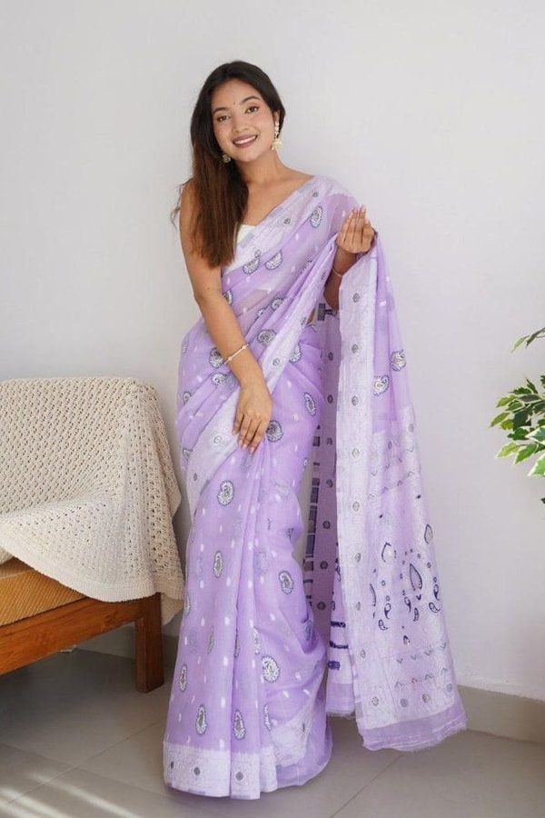 Pastel Soft Cotton Saree with Full Body Floral Weaving and White Jacquard Border  in Surat