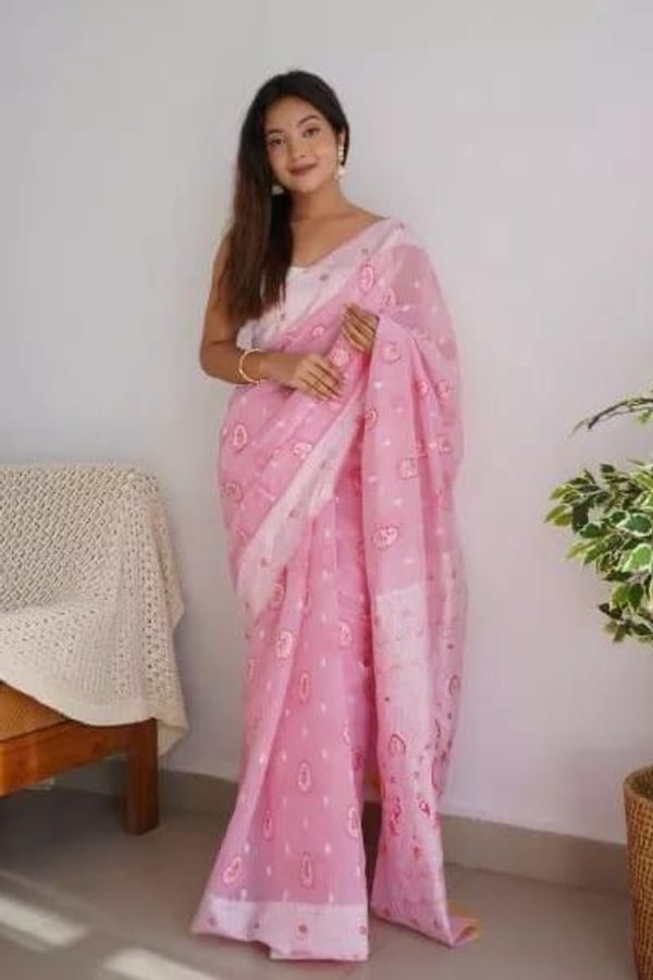 Pastel Soft Cotton Saree with Full Body Floral Weaving and White Jacquard Border  in Surat