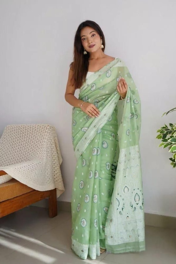 Pastel Soft Cotton Saree with Full Body Floral Weaving and White Jacquard Border  in Surat