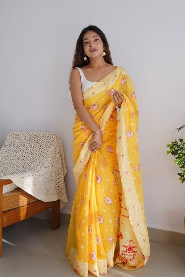 Pastel Soft Cotton Saree with Full Body Floral Weaving and White Jacquard Border  in Surat