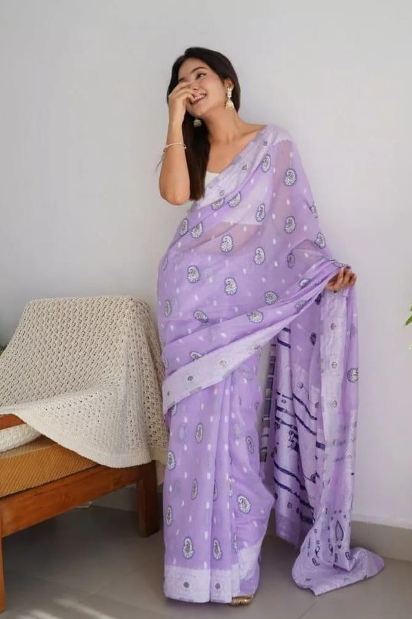 Pastel Soft Cotton Saree with Full Body Floral Weaving and White Jacquard Border  in Surat