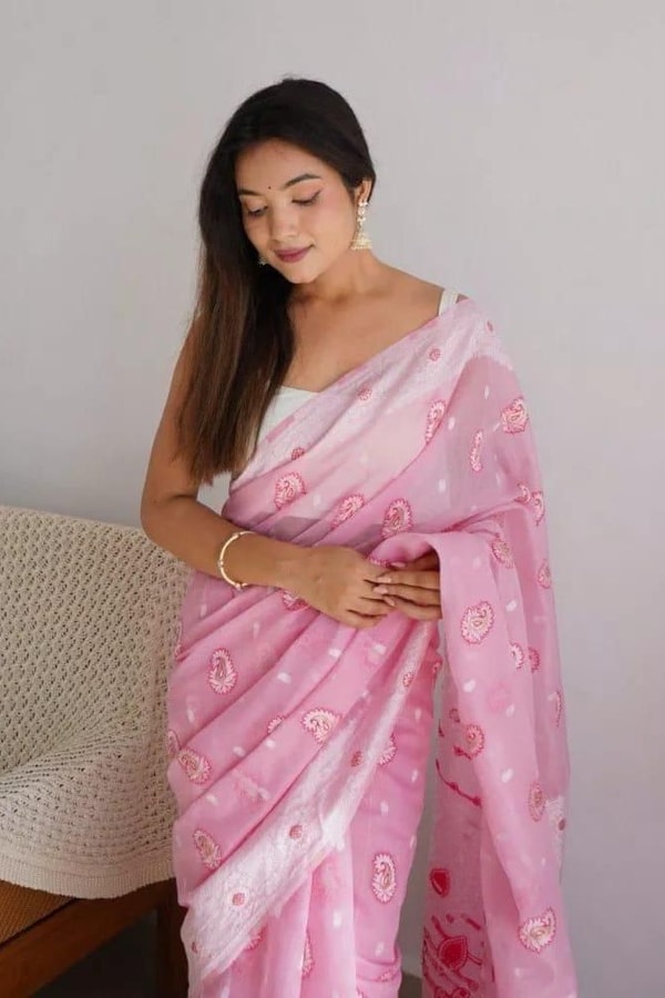 Pastel Soft Cotton Saree with Full Body Floral Weaving and White Jacquard Border  in Surat