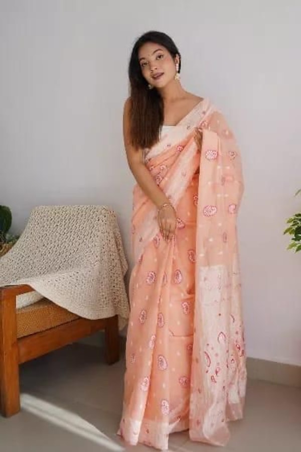 Pastel Soft Cotton Saree with Full Body Floral Weaving and White Jacquard Border  in Surat