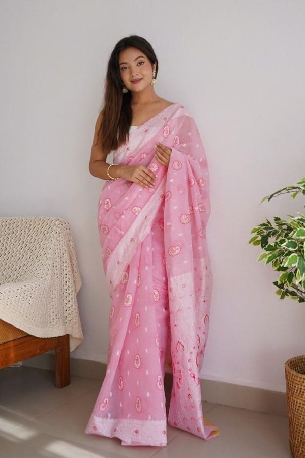 Pastel Soft Cotton Saree with Full Body Floral Weaving and White Jacquard Border  in Surat