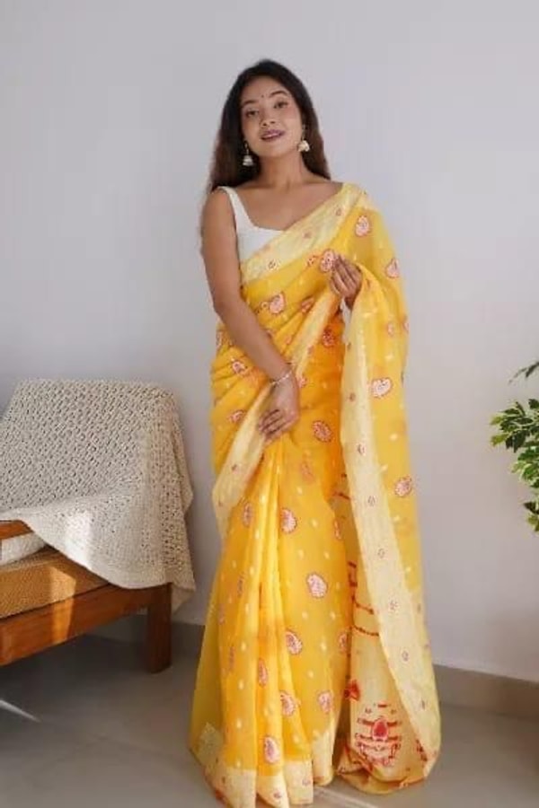 Pastel Soft Cotton Saree with Full Body Floral Weaving and White Jacquard Border  in Surat
