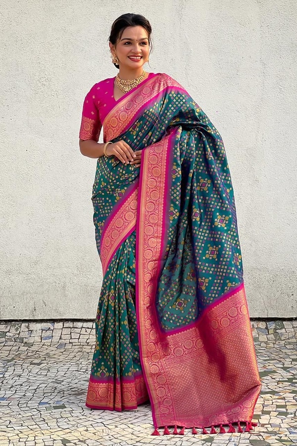 Patola Weave Banarasi Soft Silk Saree in Seven Contrast Colour Combinations with Zari Border  in Surat