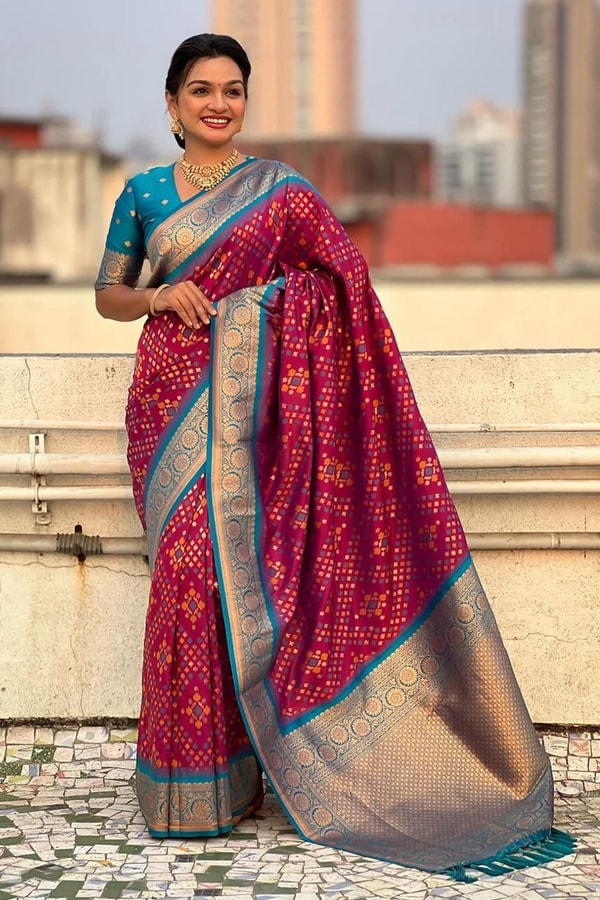 Patola Weave Banarasi Soft Silk Saree in Seven Contrast Colour Combinations with Zari Border  in Surat