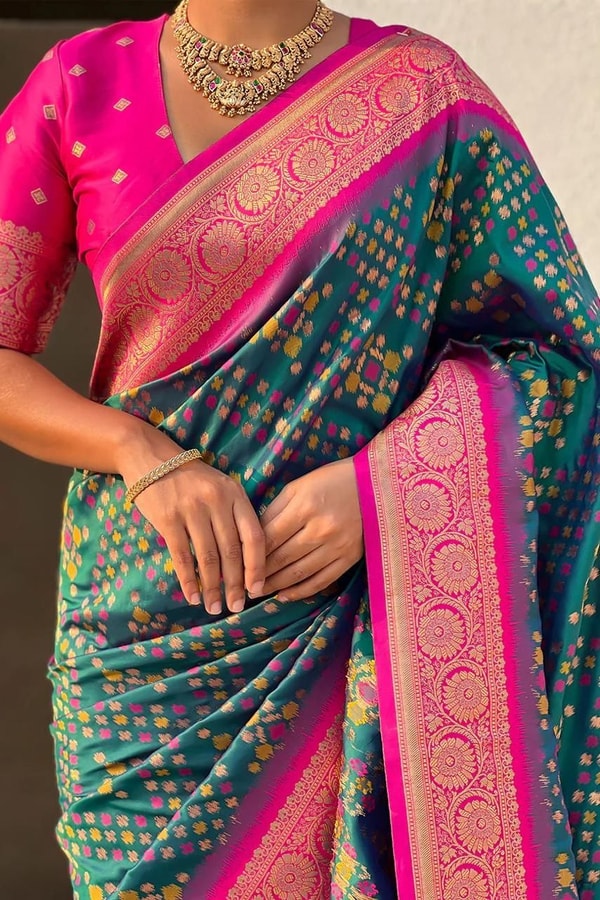 Patola Weave Banarasi Soft Silk Saree in Seven Contrast Colour Combinations with Zari Border  in Surat