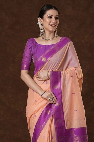 Peach Banarasi Saree with Contrast Purple Zari Border, Gold Buttas and Heavy Woven Pallu in Surat
