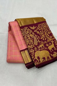 Peach Checked Banarasi Soft Silk Saree with Maroon Jungle Animal Zari Border and Gold Pallu  in Surat