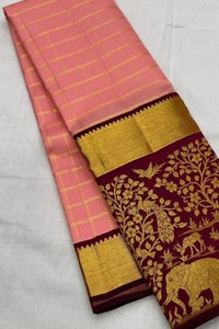 Peach Checked Banarasi Soft Silk Saree with Maroon Jungle Animal Zari Border and Gold Pallu  in Surat