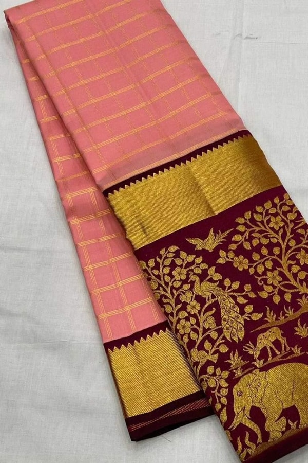 Peach Checked Banarasi Soft Silk Saree with Maroon Jungle Animal Zari Border and Gold Pallu  in Surat