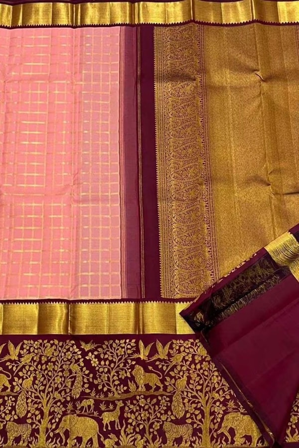 Peach Checked Banarasi Soft Silk Saree with Maroon Jungle Animal Zari Border and Gold Pallu  in Surat