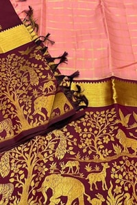 Peach Checked Banarasi Soft Silk Saree with Maroon Jungle Animal Zari Border and Gold Pallu  in Surat