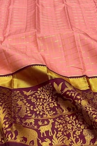 Peach Checked Banarasi Soft Silk Saree with Maroon Jungle Animal Zari Border and Gold Pallu  in Surat