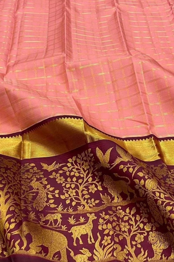 Peach Checked Banarasi Soft Silk Saree with Maroon Jungle Animal Zari Border and Gold Pallu  in Surat
